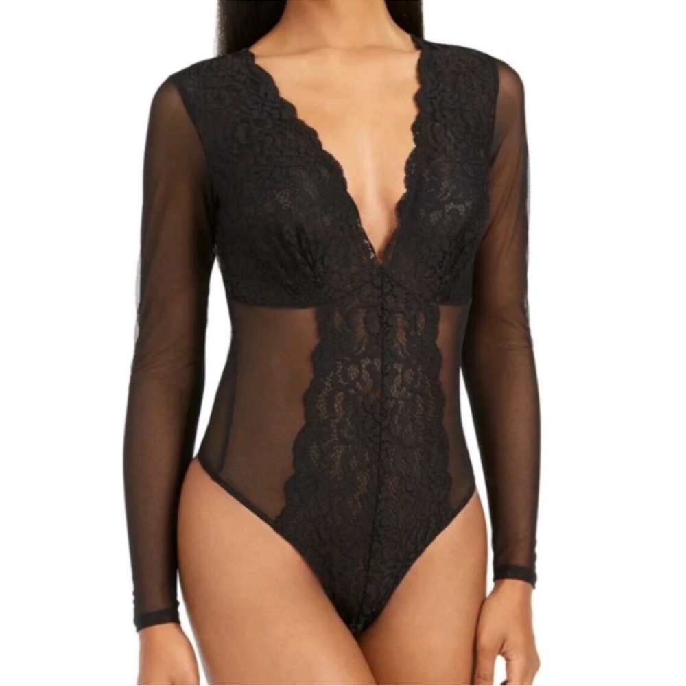 NEW INC International Concepts Long Sleeve Lace Mesh Black Bodysuit